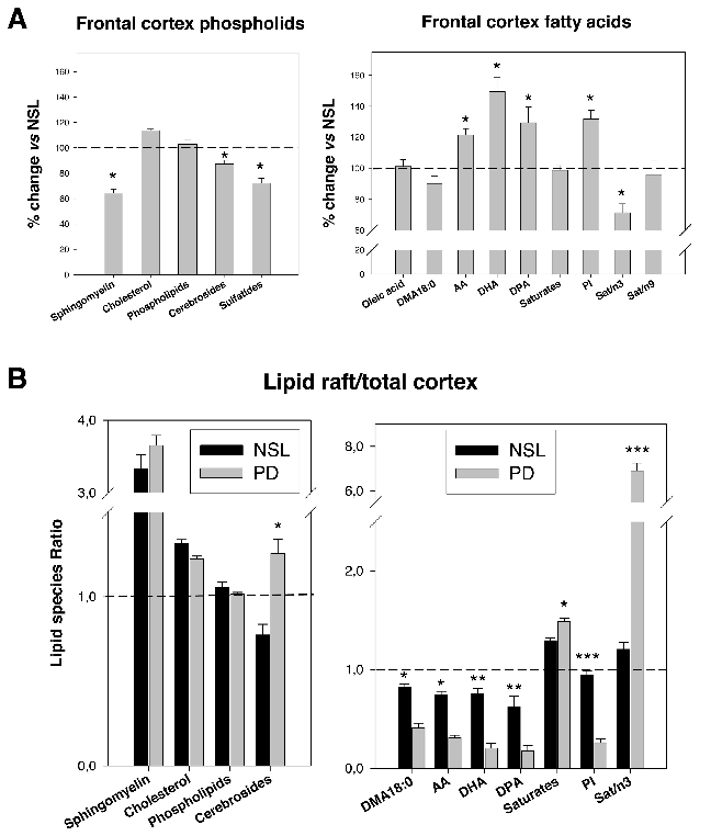 Comparative analyses of main lipid classes and fatty acid content between control and PD frontal cortex gray matter reveal disease-associated shifts in polyunsaturated fatty acid profiles and raft lipid indices.