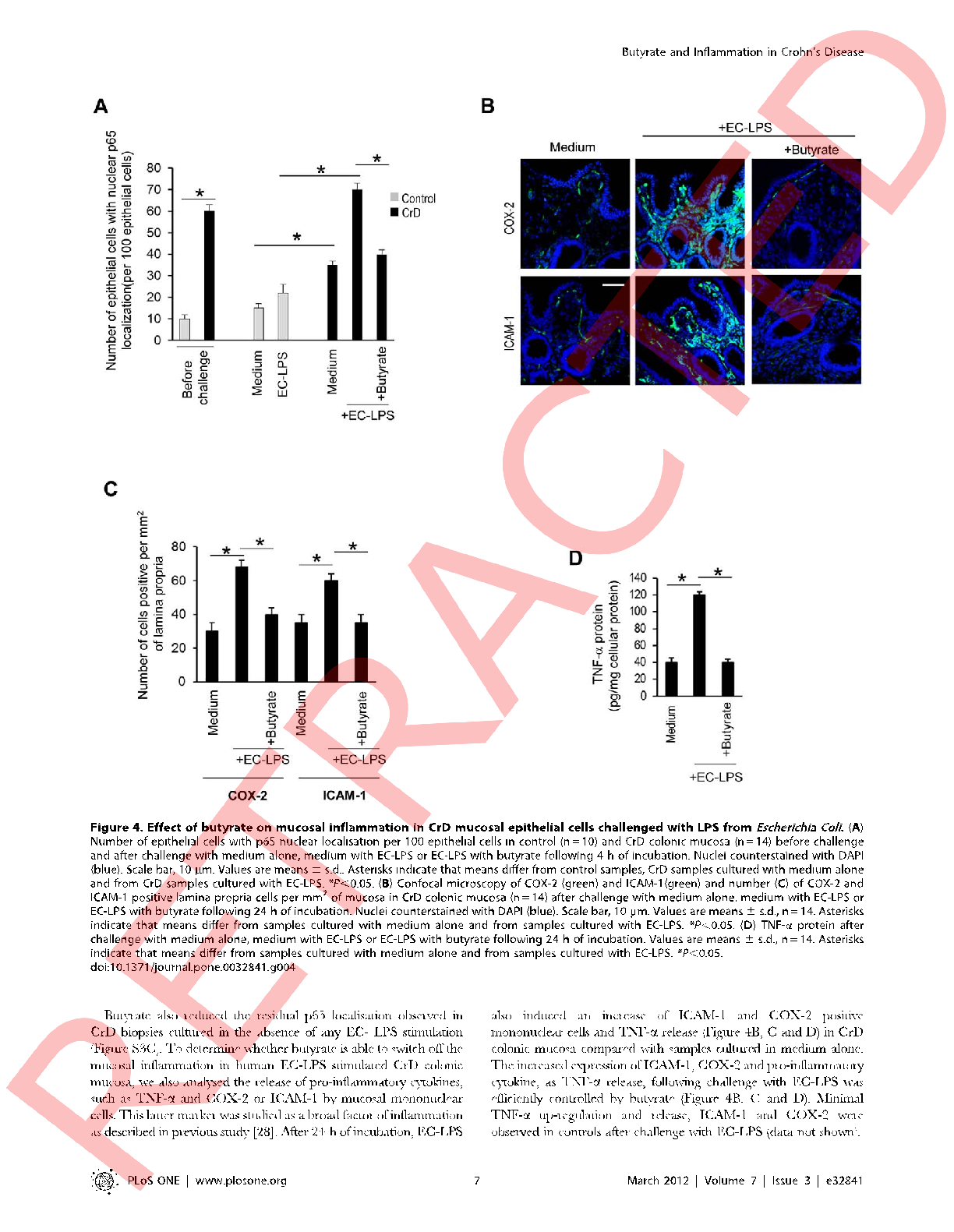 Prostaglandin E2 production by intestinal cells under inflammatory conditions is attenuated by butyrate, as measured by ELISA across multiple treatment concentrations.