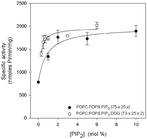 The relationship between PIP2 concentration and PKCα activity demonstrates that increasing PIP2 in lipid vesicles progressively enhances kinase activation efficiency.