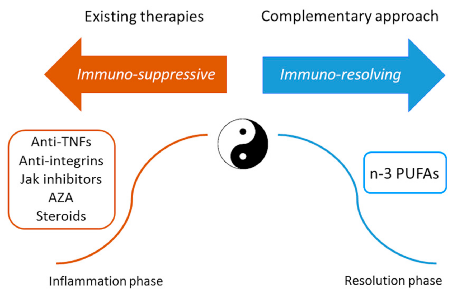 Figure 3. The immuno-suppressive and immuno-resolving approaches of inﬂammatory bowel disease treatment. AZA, azathioprine; PUFA, polyunsaturated fatty acid; TNF, tumour necrosis factor.