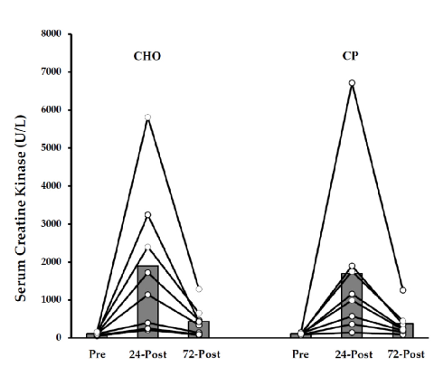Post-marathon recovery endpoint data examining the influence of protein supplementation timing on muscle recovery and perceived fatigue in recreational marathon runners.