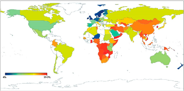 Figure 2. Representation of the geographic distributions of lactase non persistence frequencies of populations in the world.