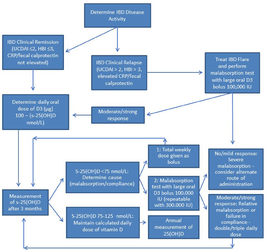 Figure 2 Approach to 25(OH)D supplementation in patients with IBD. Determining adequate daily dose as (target s-25(OH)D level – current s-25(OH)D level) µg. If target level is not reached within 3 months, administration as weekly bolus should be tried. If