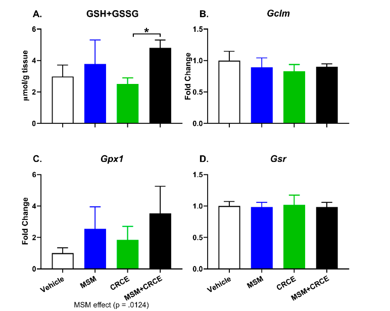 Figure 5. Eﬀects of MSM, CRCE, or MSM/CRCE on intrahepatic synthesis of glutathione and the expression of genes associated with the synthesis of glutathione. (A) Intrahepatic concentrations of total glutathione; (B–D) mRNA levels of (B) Gclm, (C) Gpx1, an