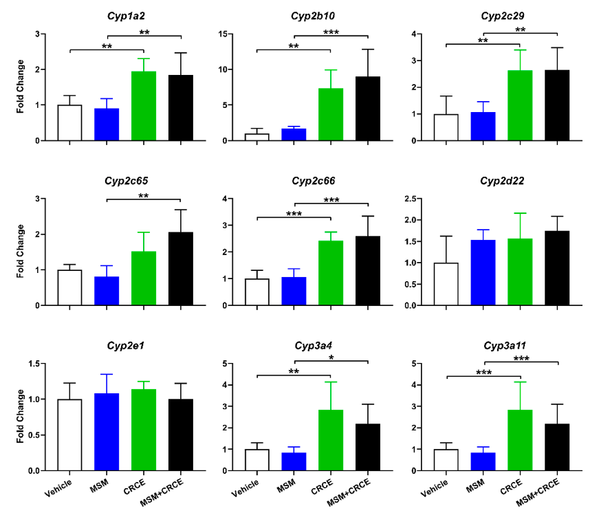 Figure 4. Eﬀects of administration of MSM, CRCE, or MSM/CRCE on intrahepatic expression of cytochrome P450s. Livers were collected 24 h after the last gavage and gene expression was measured using the quantitative real-time (qRT) PCR. Data was analyzed by