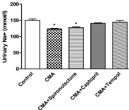 Figure 5. Urinary sodium analysis. Each bar represents values expressed as mean ± SEM. The change in urine sodium levels were considered significant (*) when p < 0.05 between groups. The data were analyzed using one-way ANOVA followed by Tukey’s multip