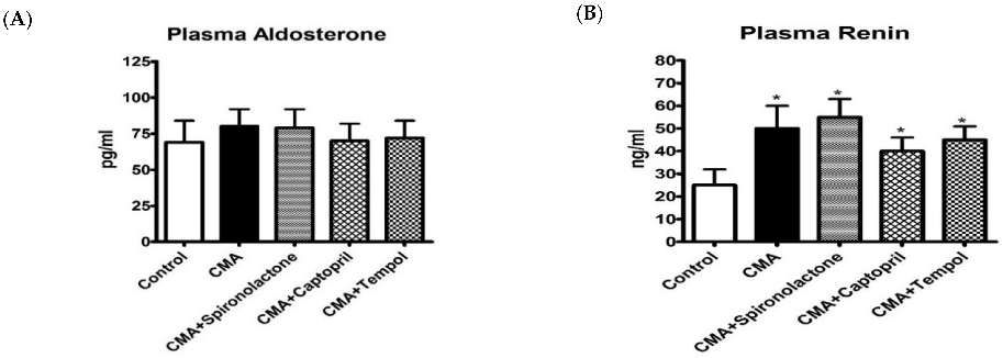 Figure 8. Plasma aldosterone (A) and plasma renin (B) analysis. Each bar represents values expressed as mean ± SEM. The changes in plasma aldosterone and renin were considered signiﬁcant when * p < 0.05 (control vs. CMA) groups. The data were analyzed 
