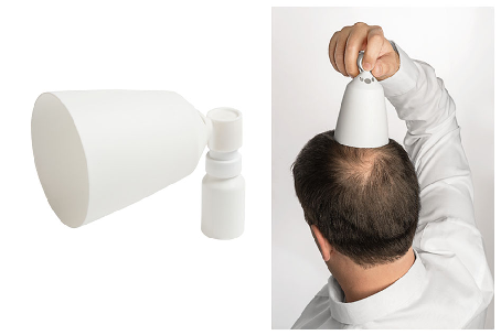 Figure 1 Finasteride 0.25% spray applicator and mode of administration on the scalp.