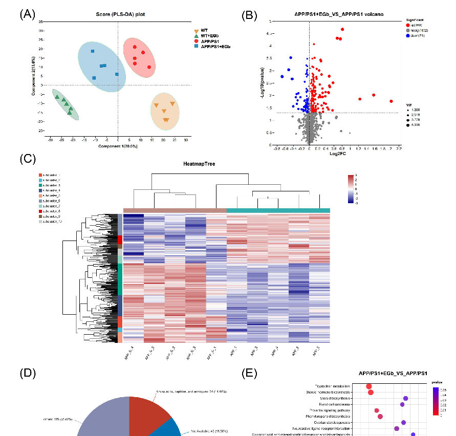 Metabolomic profiling of cecal or fecal contents comparing Ginkgo biloba-treated and control groups. OPLS-DA or PCA score plots demonstrate separation of metabolic profiles between treatment conditions.